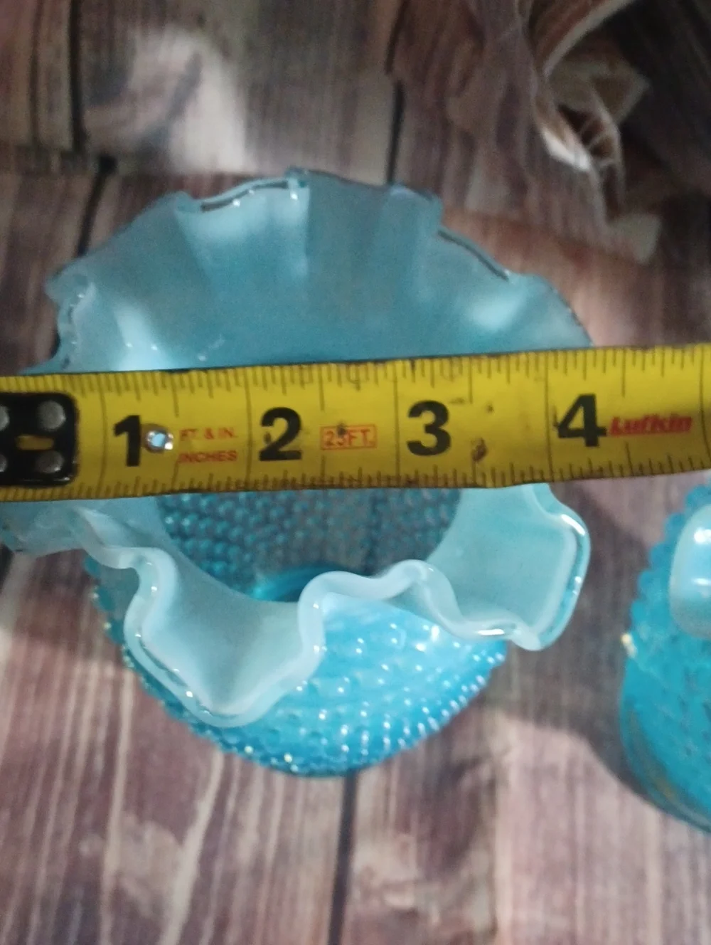 (2))Vintage Fenton Blue Hobnail Vase Crimp Ruffled Edges
